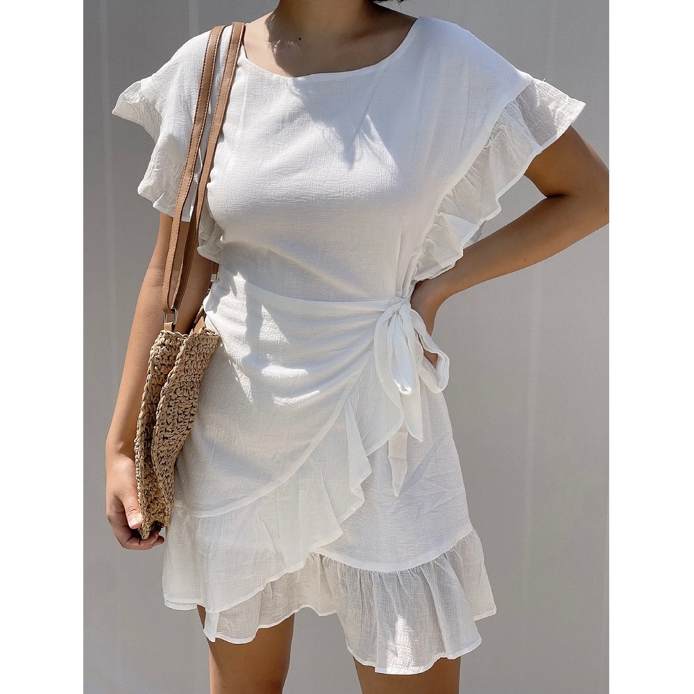 Ruffled White Linen Mini Dress